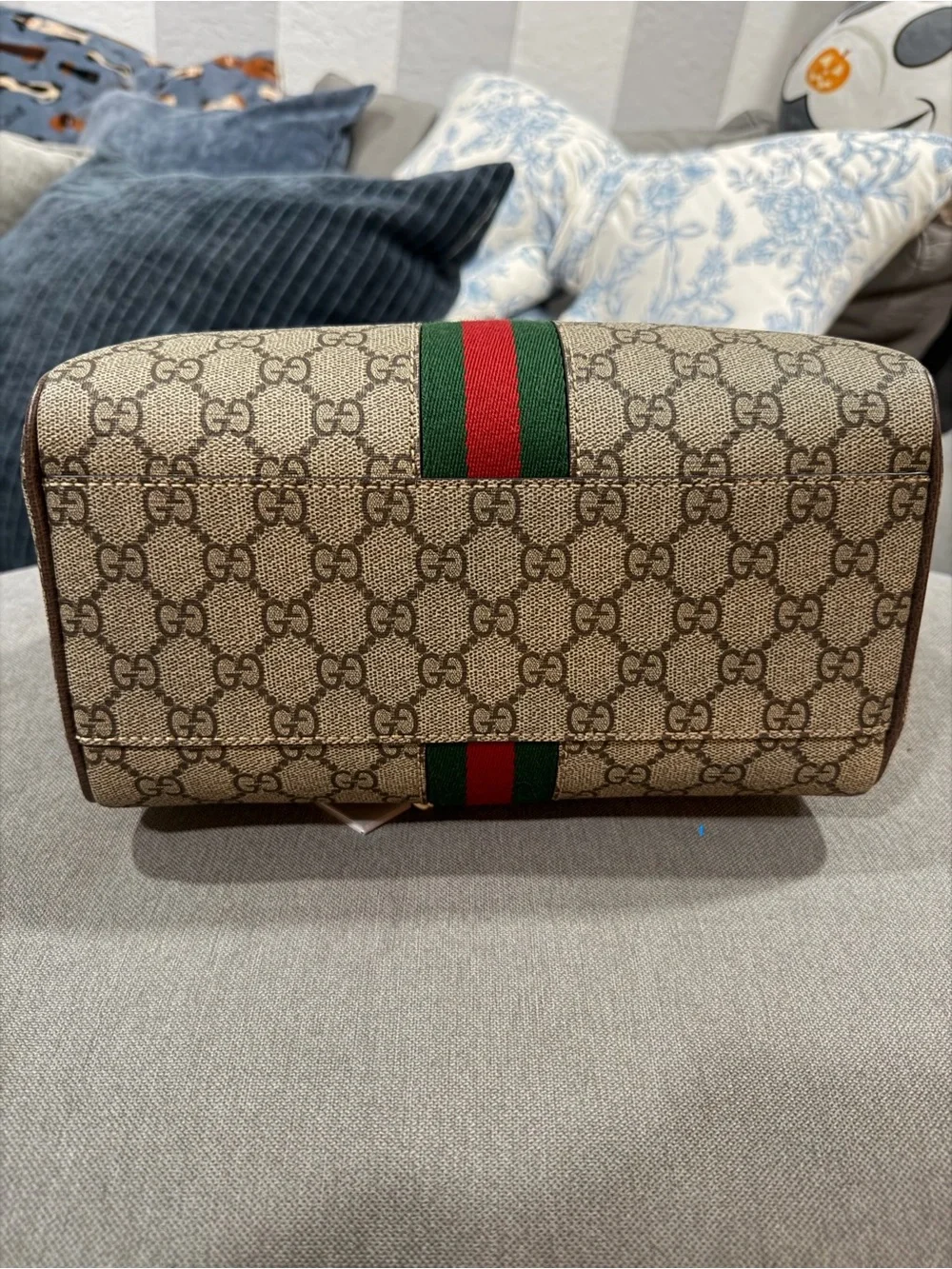 Gucci Brown GG Supreme Satchel with Green-Red Web Stripe